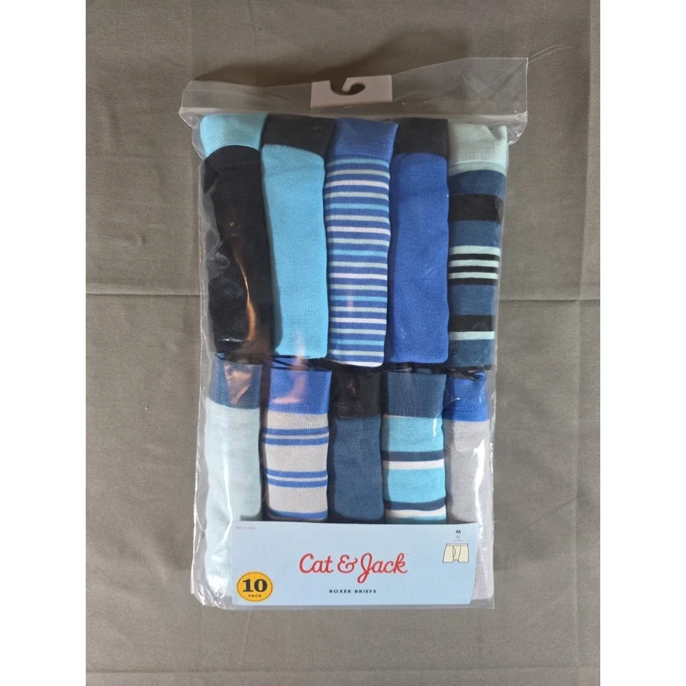 Cat & Jack Boxer Briefs Underwear Boys Medium (8) 10 Pack Blue Stripes Cotton